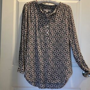 LOFT Grey, Red, and White Geometric Button Down Tunic Shirt size S